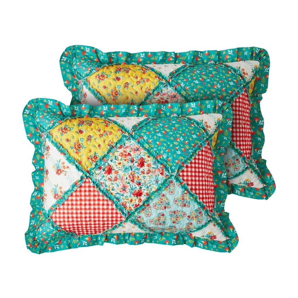 Pioneer Woman Petal Party Pillow Sham Set King Size 2Pc Reversible Patchwork